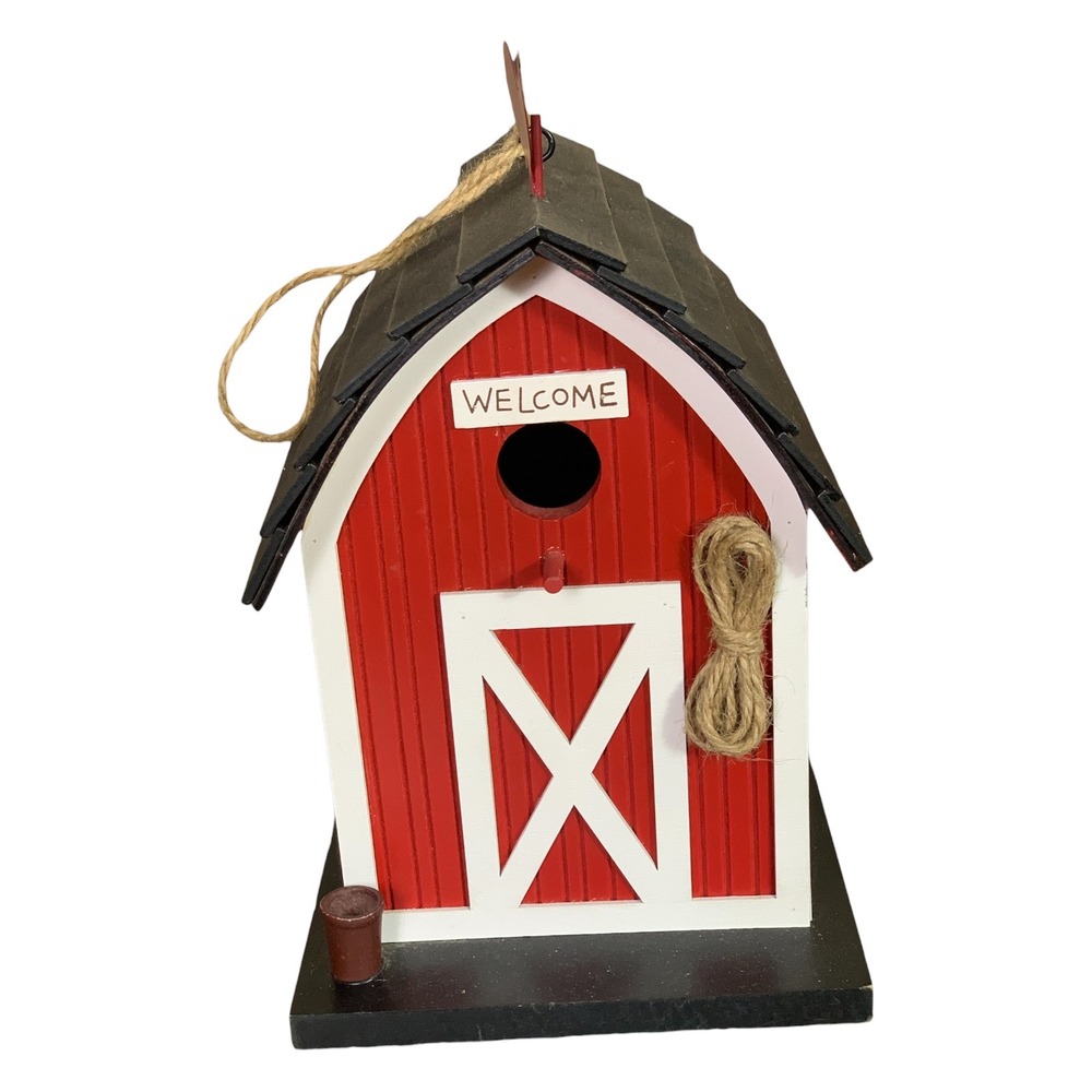 Red Barn Birdhouse Bird Feeder with Welcome Sign Metal Rooster